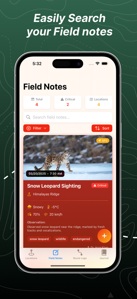 Map 3D Track+ - Map 3D Track app interface displaying a field note for a snow leopard sighting in the Himalayas with environmental data and photo.