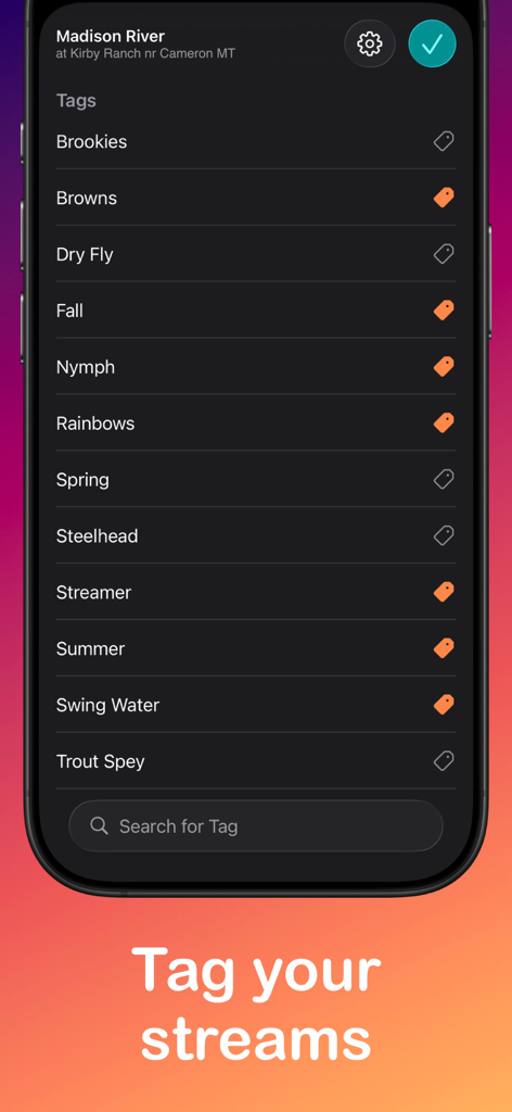 Blue Liner Flows - A mobile app interface from Blue Liner Flows showing a list of tags like Browns, Dry Fly, and Rainbows for organizing stream locations.
