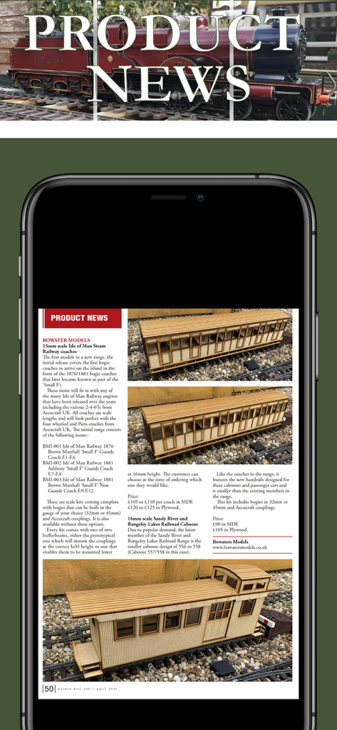 A smartphone displaying the product news section of Garden Rail Magazine featuring reviews of model train kits and coaches.