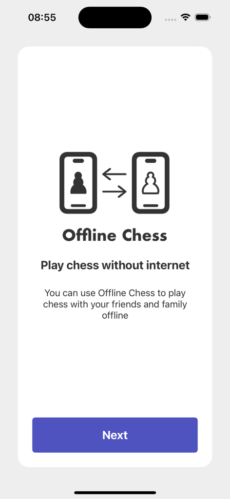 Pantalla introductoria de la aplicación Ajedrez sin conexión destacando la capacidad de jugar con amigos sin conexión a internet