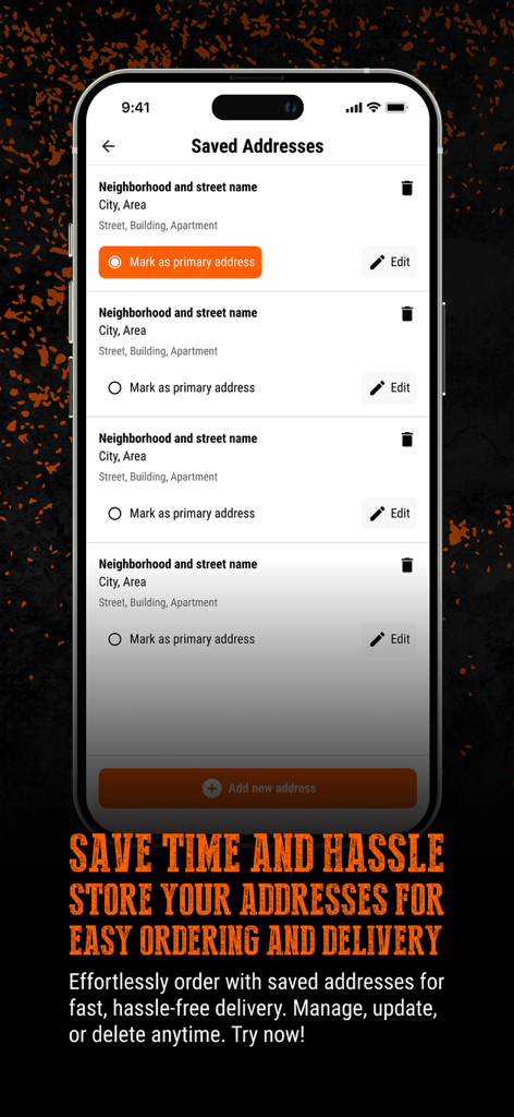 簡単なフードデリバリー注文のためのBuffalo Burgerアプリの保存済み住所画面