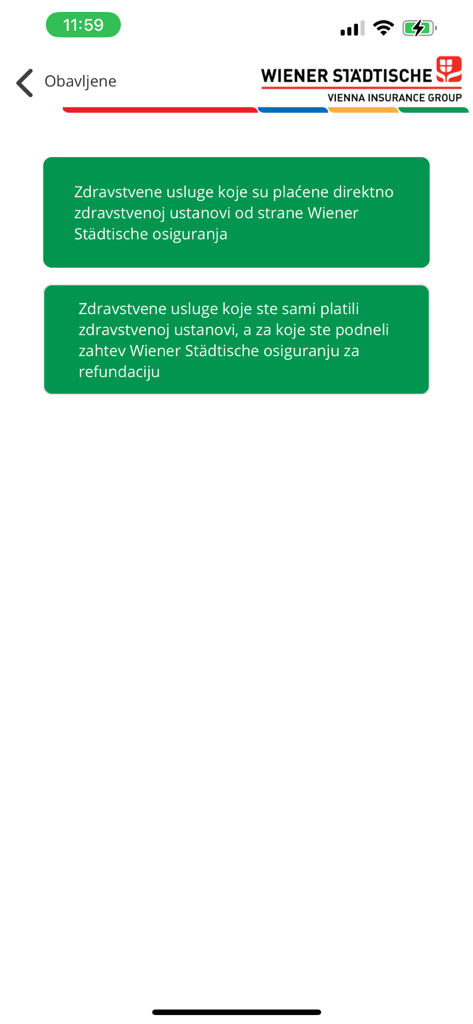 Wiener Zdravlje app screen for tracking medical services and reimbursement requests