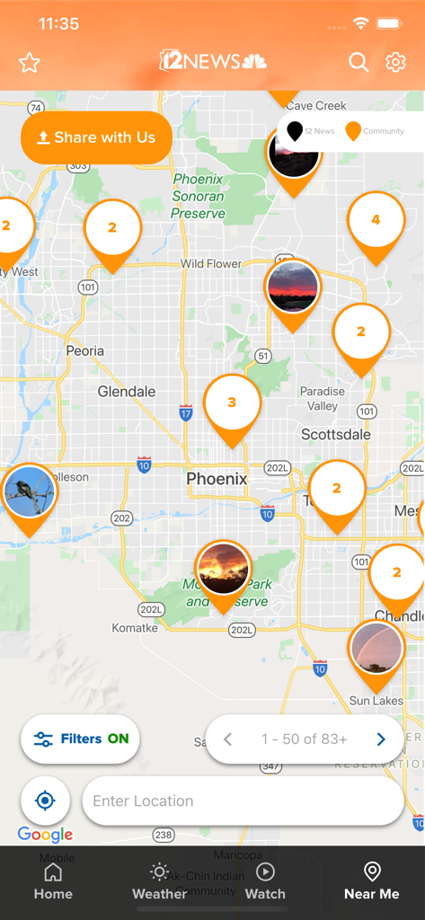 12 News KPNX Arizona - Interactive community map in the 12 News KPNX Arizona app showing local user photos and reports across the Phoenix metro area.