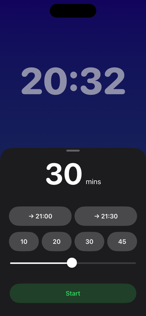 RainBytes: Offline Rain Sounds - RainBytes app interface showing a countdown sleep timer with settings for 30 minutes and a start button.