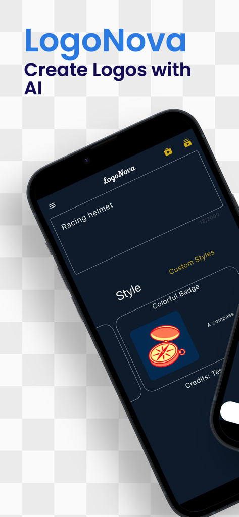 LogoNova - Logo Maker & Design - LogoNovaモバイルアプリインターフェース。テキストプロンプトとスタイル選択からのAIロゴ生成を表示