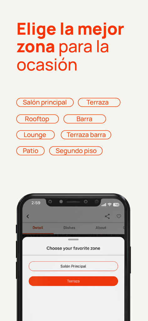 Interfaz de la aplicación MESA 24/7 mostrando opciones de asientos en restaurantes como terraza, azotea y salón para reservas.
