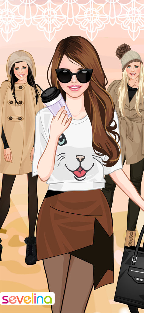 Autumn fashion dress up game - Tres chicas vestidas con conjuntos otoñales chic tomando café en el juego de moda de Sevelina.