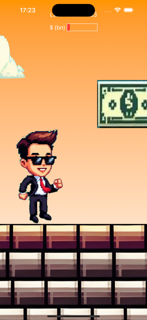 Tech Billionaire Jump - Personaje billonario tecnológico pixelado saltando para recoger un gran billete de dólar en un juego móvil de estilo retro.