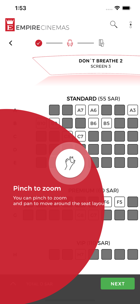 Empire Cinemas - Interfaz de selección de asientos de la aplicación Empire Cinemas que muestra un plano de asientos y la instrucción de pellizcar para hacer zoom