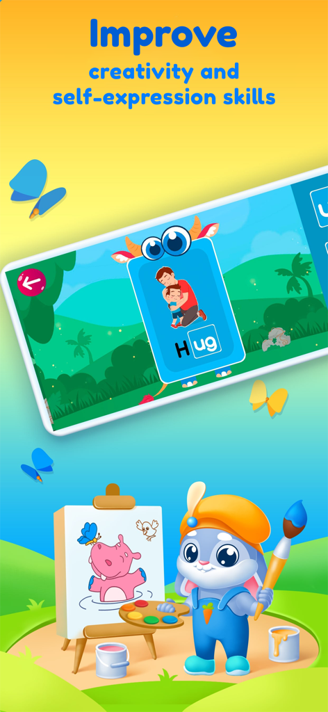 Phonics, reading kindergarten - A bunny artist painting next to a phonics reading game for kindergarten children.