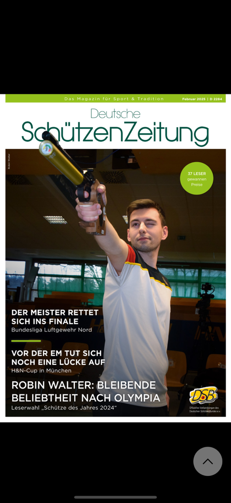 Titelseite der Deutschen SchützenZeitung mit einem Athleten, der mit einer Präzisions-Luftpistole schießt.