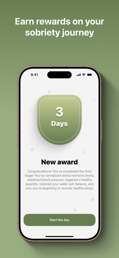 ALCOntrol - Alcohol Tracker - ALCOntrol 앱의 모바일 화면, 3일 금주 수상 내역 및 임상 건강 진행 상황 세부 정보 표시