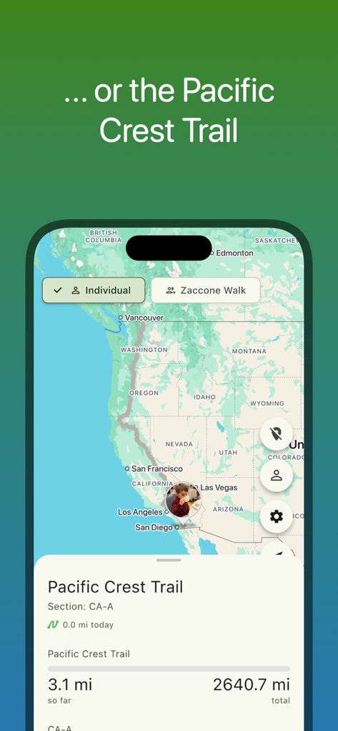 Walk The Distance - Map view of the Pacific Crest Trail within the Walk The Distance app showing virtual walking progress