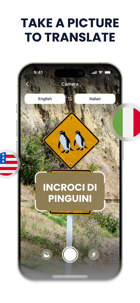 AI Translator - Just Translate - AI Translator app interface showing camera translation of a road sign into Italian