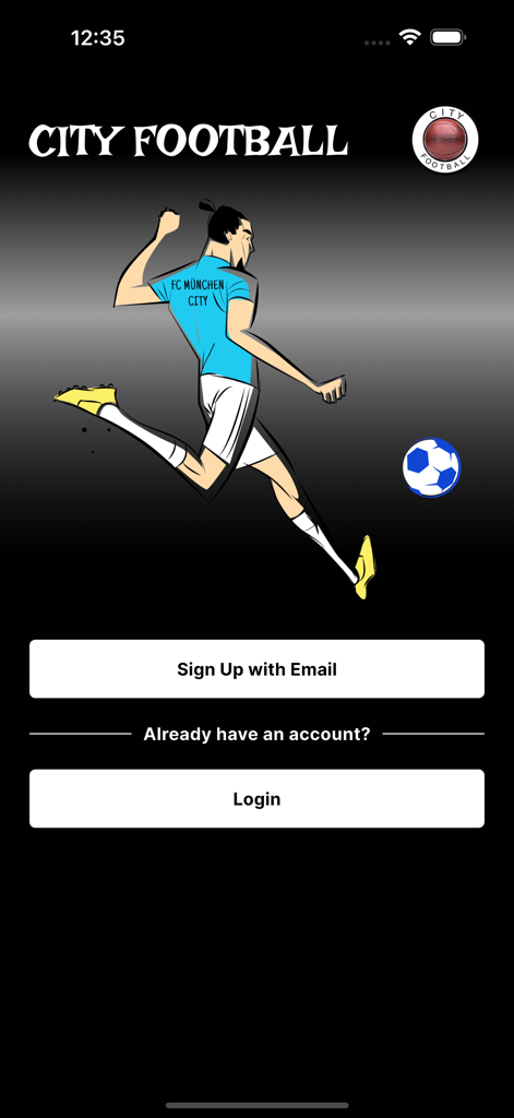 Willkommensbildschirm der City Football App mit Anmelde- und Registrierungsschaltflächen und einer stilisierten Fußballspieler-Illustration.