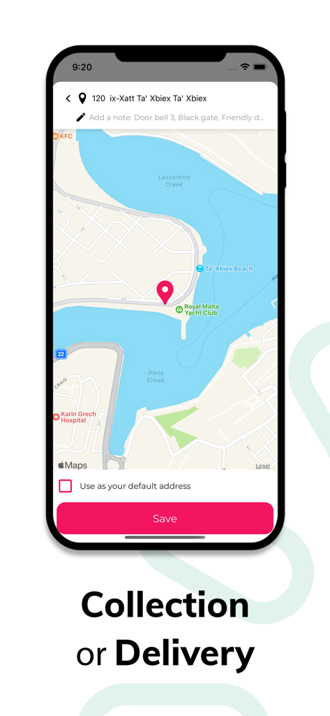 China Town Malta - China Town Malta app screen showing a map interface for selecting a delivery or collection address with a pink pin and a save button.