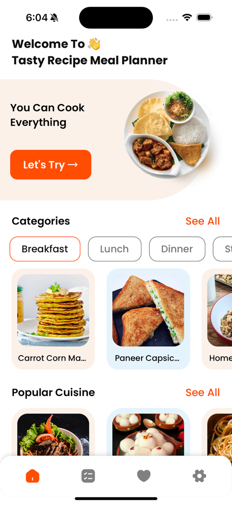 Cook Book - Recipe Keeper - Home screen of the Tasty Recipe Meal Planner app featuring food categories and popular cuisines