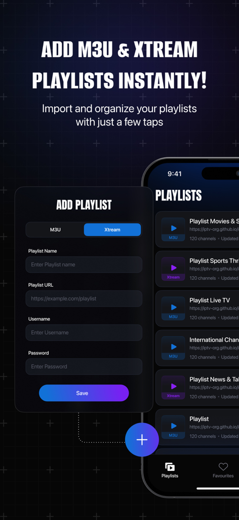 Interface de Smarters IPTV Player Pro montrant comment ajouter des listes de lecture M3U et Xtream sur un iPhone.