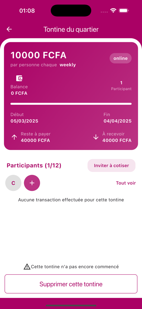 Tenbo - Tenbo app dashboard showing details for a neighborhood group savings tontine