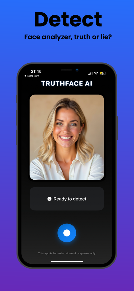 TruthFace AI: Face Analyzer - Interfaz de la aplicación TruthFace AI que muestra una pantalla de reconocimiento facial con una mujer sonriendo y un botón listo para detectar