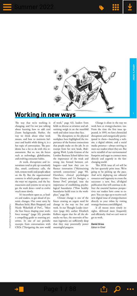 strategy+business magazine - An article titled Working in new ways within the strategy+business magazine app