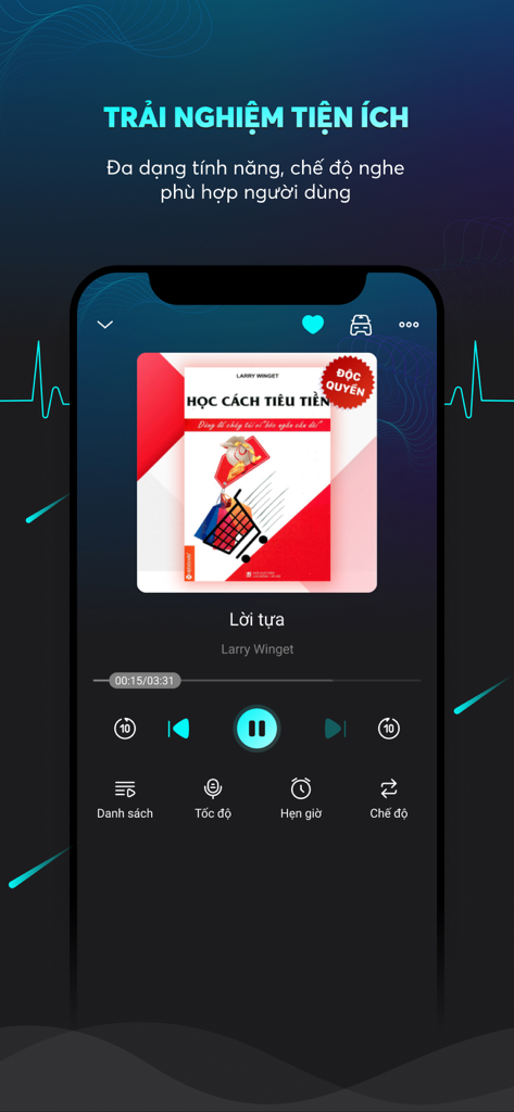 Mydio - Audiobook, truyện đọc - Mydio mobile app screen showing a professional audiobook player interface with Vietnamese text and playback controls like car mode and sleep timer