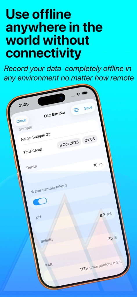 FieldApp Notebook mobile interface showing offline data collection for scientific samples with fields for pH and depth