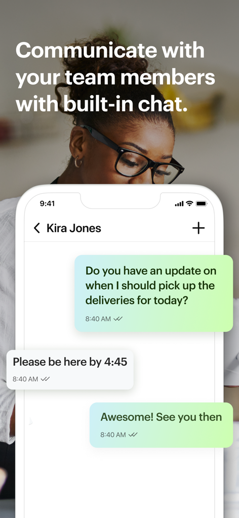Shipday app screen showing the built-in team chat interface for delivery coordination