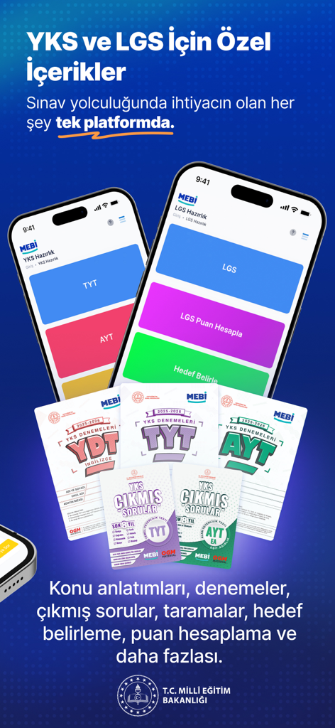 YKS 및 LGS와 같은 터키 국가 시험을 위한 학습 자료를 표시하는 MEBİ 앱 인터페이스