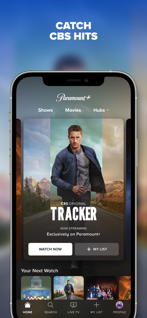 Paramount+ - Paramount plus app home screen showing the CBS hit series Tracker.