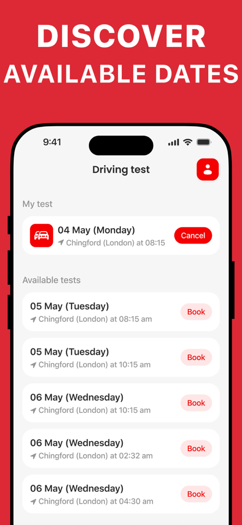 Driving Test NOW - Pantalla del smartphone que muestra las fechas de examen de conducir disponibles y las opciones de reserva