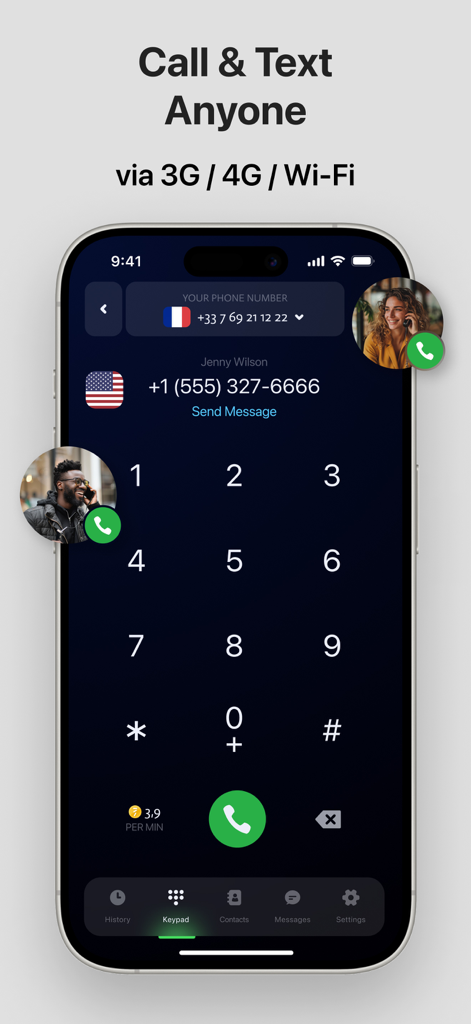 eSIM Plus: Second Phone Number - A mobile app keypad interface for making calls with a virtual second phone number.