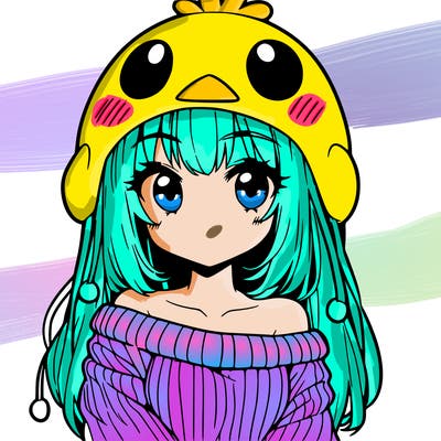 anime girl with chick shaped hat with sweater with bare shoulders with bangs covering them one eye with low tail