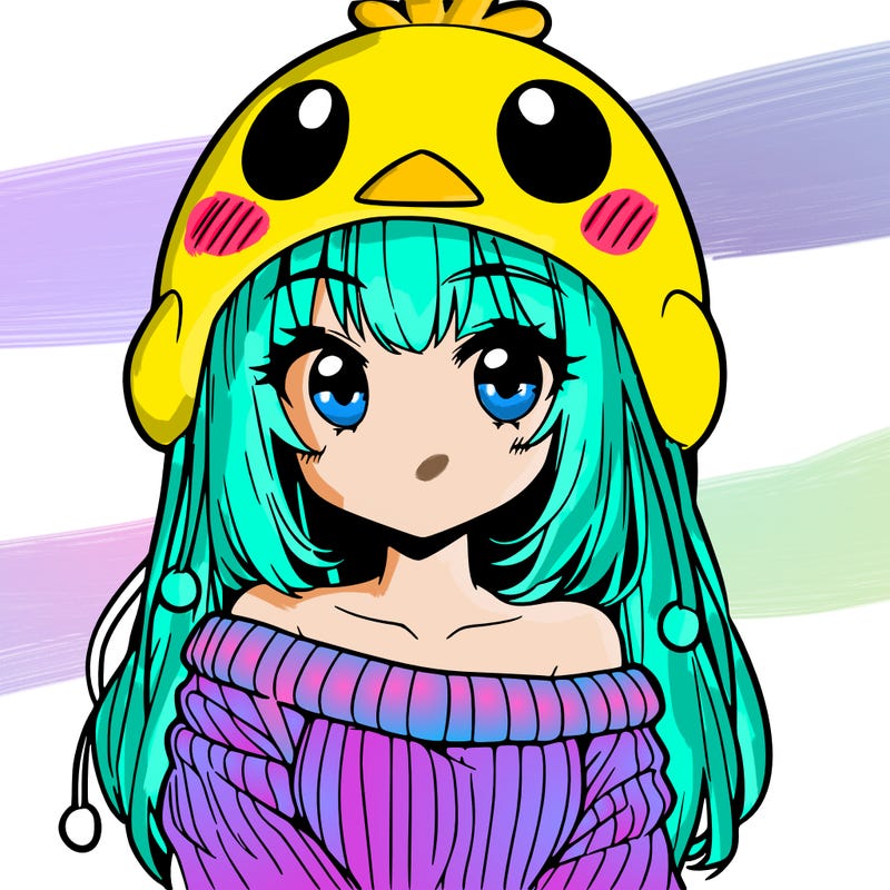 anime girl with chick shaped hat with sweater with bare shoulders with bangs covering them one eye with low tail