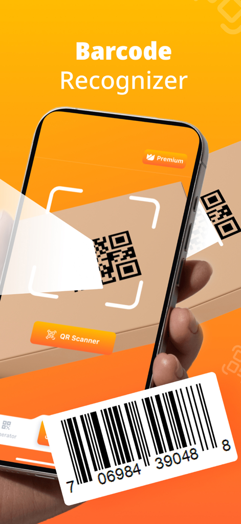 Pocket QR Code Reader Scanner - Aplicación Pocket QR Code Reader escaneando un código de barras y un código QR sobre un fondo naranja