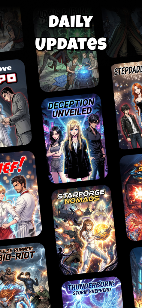 Sakura Manga Reader app screen showing various manhwa covers and daily updates text