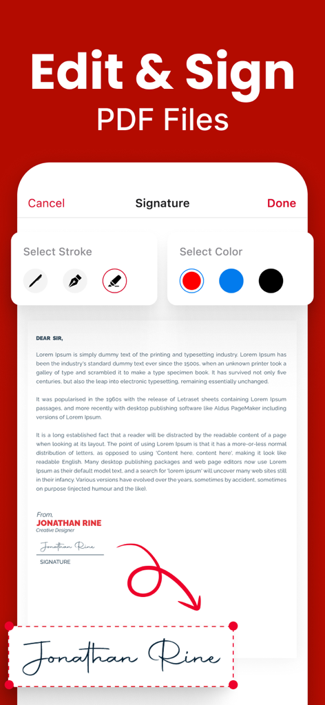 PDF Editor - Fill, Edit & Sign - PDF editor app interface displaying digital signature stroke and color options