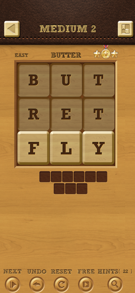 Words Crush: Hidden Words! - Words Crush Hidden Words gameplay screen showing a wooden tile word search puzzle with the word butterfly highlighted