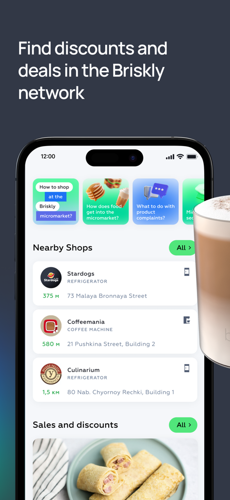 Tela do aplicativo móvel B-Pay exibindo lojas próximas, promoções e descontos.