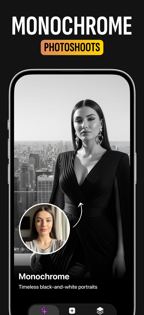 AIYAI - AI Photo & Video Maker - A professional black and white portrait created from a selfie using AI