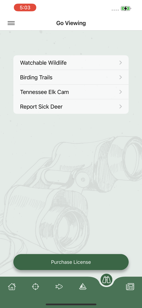 Wildlife viewing menu in the TWRA On the Go mobile app