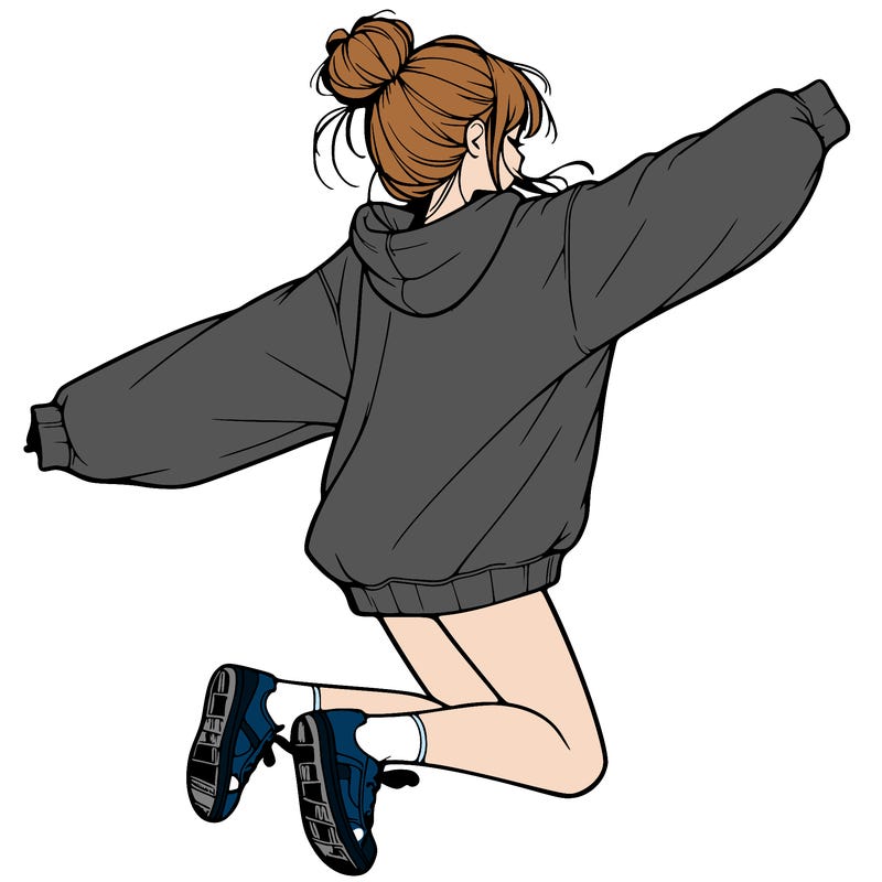 realistic girl jumping with a bun and oversized sweatshirt