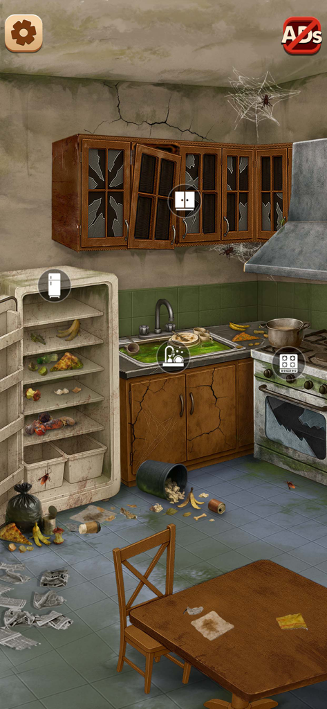 A dirty and cluttered kitchen with broken cabinets and trash on the floor in a cleaning simulator game.