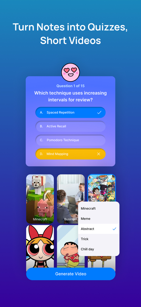 Interface for turning study notes into interactive quizzes and short videos using NoteX AI