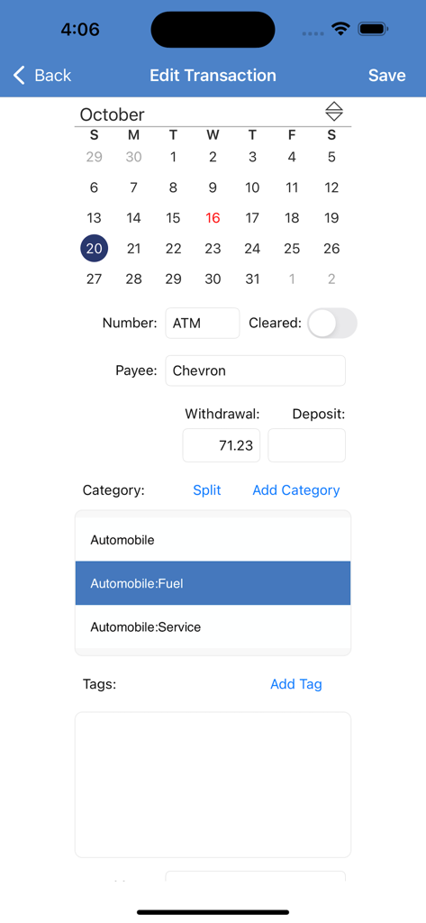 The edit transaction screen in Moneyspire 2026 showing a calendar and details for a manual spending entry.