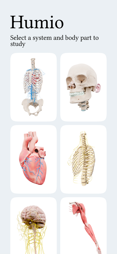 Humio: 3D Human Anatomy - Menú de selección de la aplicación Humio con modelos 3D de cráneo, corazón, cerebro y sistemas esqueléticos humanos para estudio médico