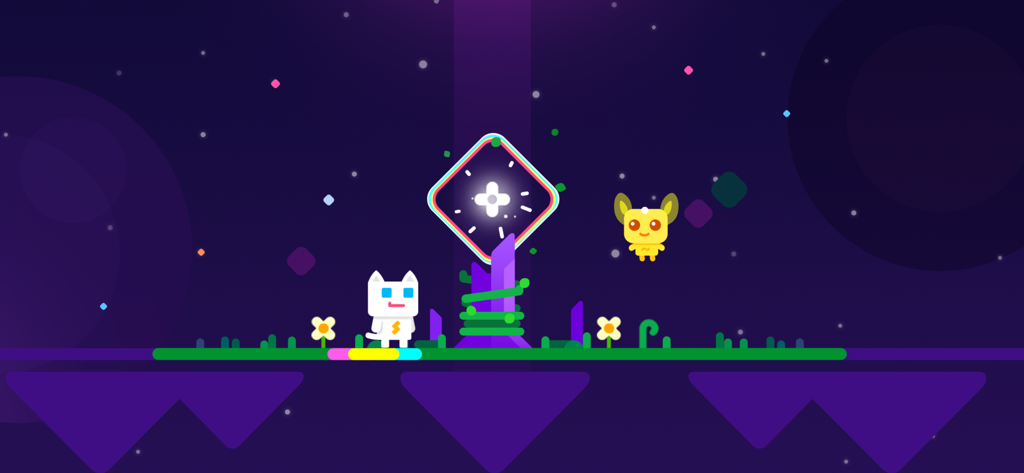 Super Phantom Cat 2 - Ari the cat standing next to a glowing diamond checkpoint in a vibrant purple level