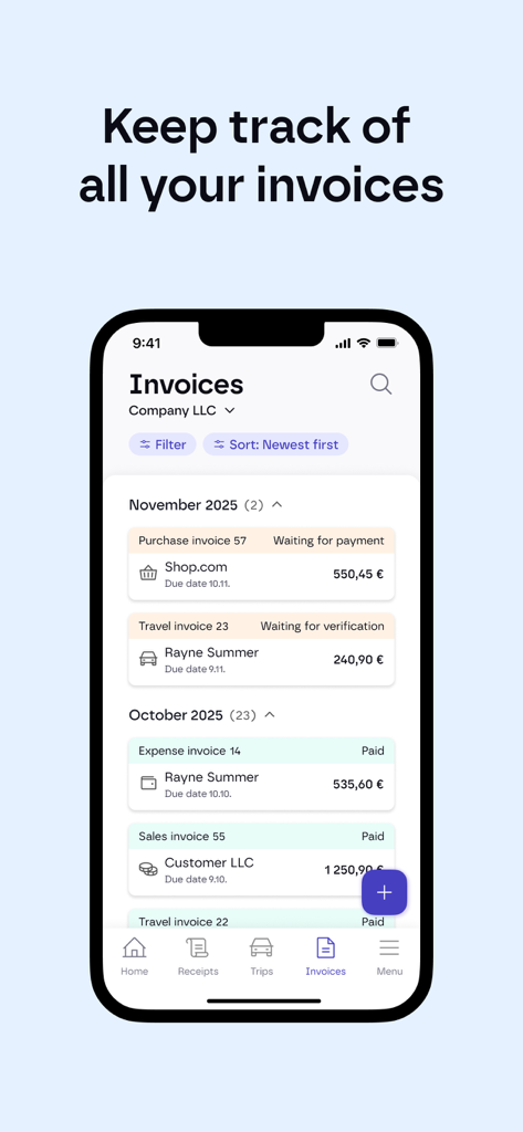 Procountor - Pantalla de la aplicación móvil Procountor que muestra una lista de facturas de empresa clasificadas por mes y estado de pago