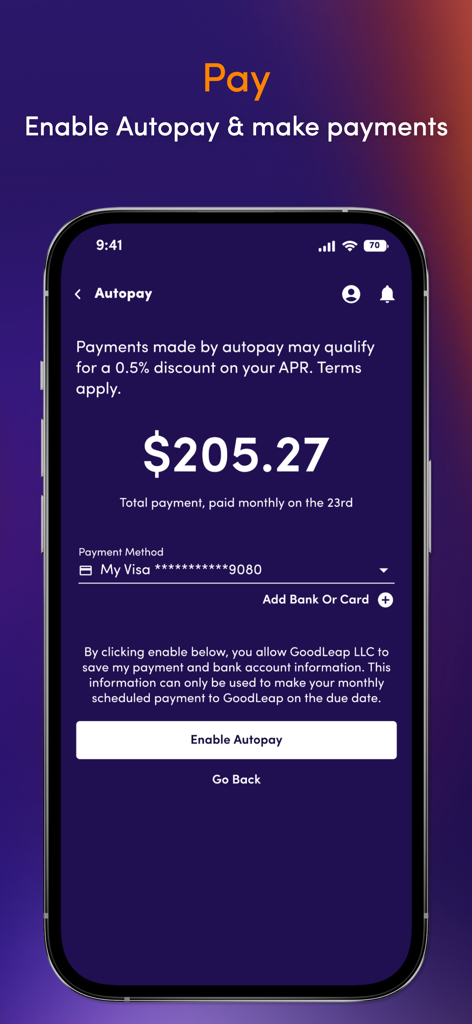 GoodLeap Home - Pantalla de configuración de pago automático de la aplicación GoodLeap Home que muestra el monto del pago mensual y un botón para activar el pago automático.