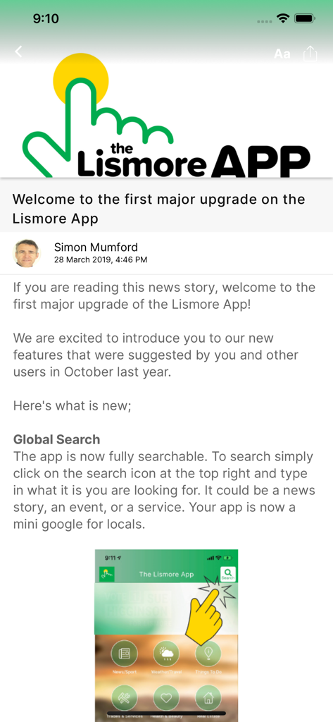 The Lismore App - A news article within The Lismore App announcing a major upgrade and new search functionality
